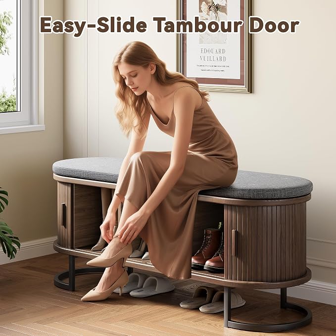 Decofy Storage Bench with Cushion and Sliding Doors, 47.2 Inch Large Entryway Shoe Bench with Sturdy Metal Feet, Multi-Functional for Entrance Hall, Bedroom, Living Room (Walnut) - Image 8