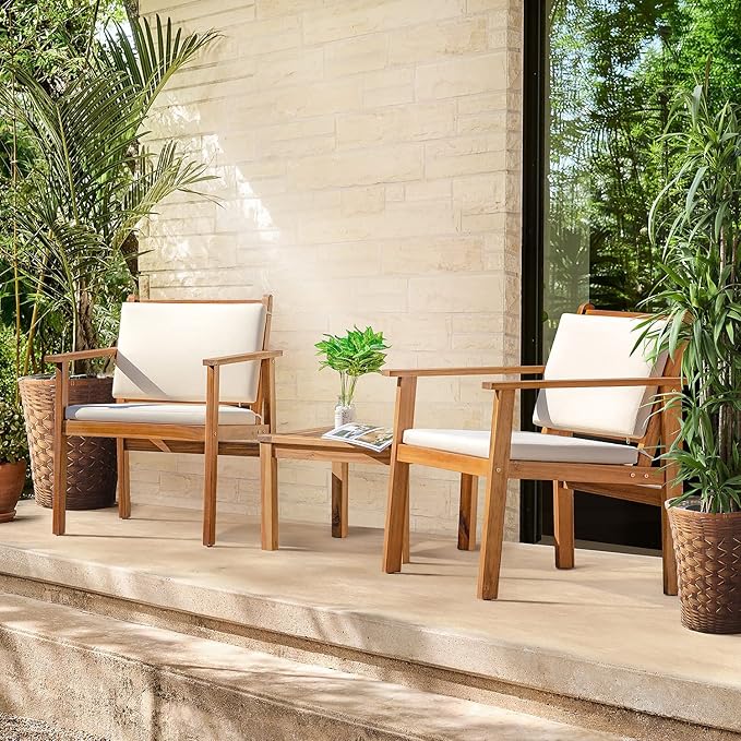 Greesum 3 Piece Bistro Patio Furniture Outdoor Chat Chair Set with Water Resistant Cushions and Coffee Table for Beach Backyard Garden, Beige
