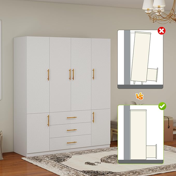 Armoires Wardrobe Closet Wood: Large Wardrobe Closet 4 Door White Storage Cabinet with 3 Drawers, Shelves and 2 Hanging Rods for Hanging Clothes