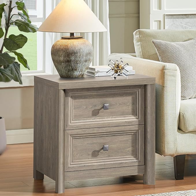 Grey Nightstand Rustic Wood Night Stand for Bedroom Living Room Sofa Couch, Farmhouse Nightstand with 2 Drawers, 22.8” Wide Large Bed Side Table, Bedside End Table with Metal Knob, Gray Color - Image 6