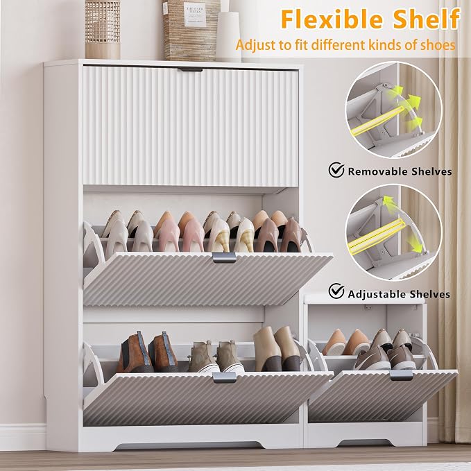 BORNOON Slim Shoe Cabinet with Bench for Entryway, Hidden Storage and Adjustable Shelves, Free Standing Wooden Shoes Organizer for Foyer, Hallway - Image 3