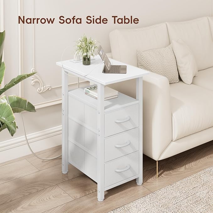 Vagusicc Set of 2 White Night Stand with Charging Station, Narrow Nightstand with U-S-B Ports and Outlets, Small Night Stand 3 Fabric Storage Drawers, Small Bedside Table - Image 9