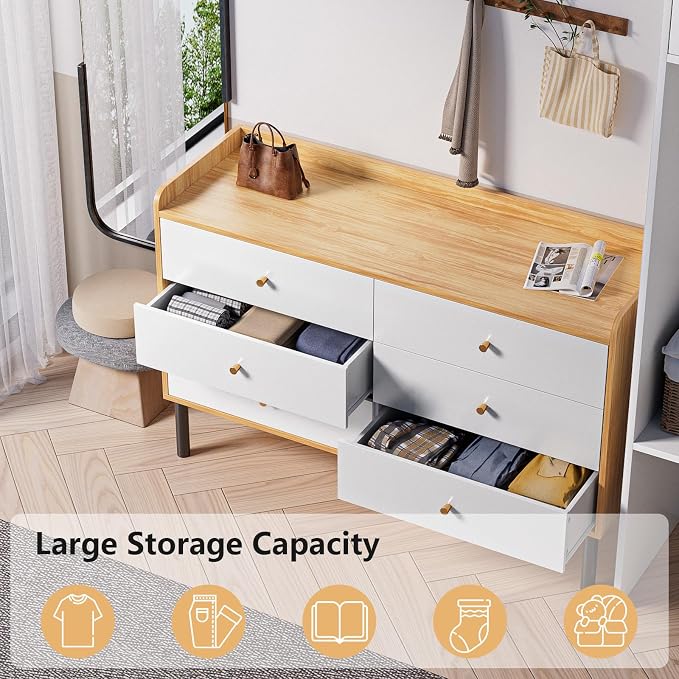 LYNSOM Dresser for Bedroom, 6 Drawer Natural Wood Dresser with Wide Drawer and Metal Handles, Modern Dressers & Chests of Drawers for Hallway Entryway - Image 3