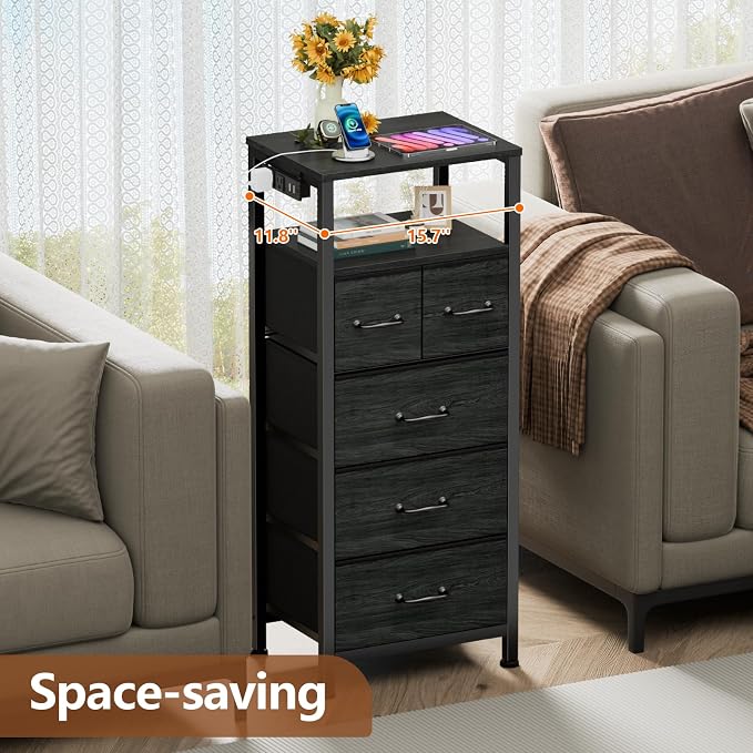 Furnulem Dresser for Bedroom, Tall Nightstand, Vertical Chest with Wood Top, Charging Station, LED Lights, 5 Fabric Bins, Bedside Table with Shelf, Furniture for Entryway (5 Drawer, Black Oak) - Image 4