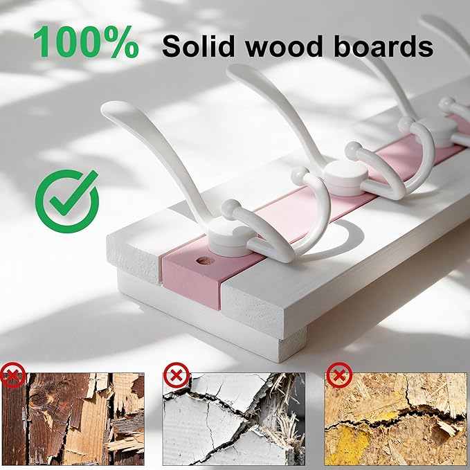 SKOLOO Coastal Wall Mounted Coat Rack-16.88" Beach House Entryway Wooden Coat Hook with 5 Hooks for Hanging Coats, Hats or Towels, Oceanfront Cottage Core Collection, White&Palm Beach Pink, Pack of 2 - Image 3