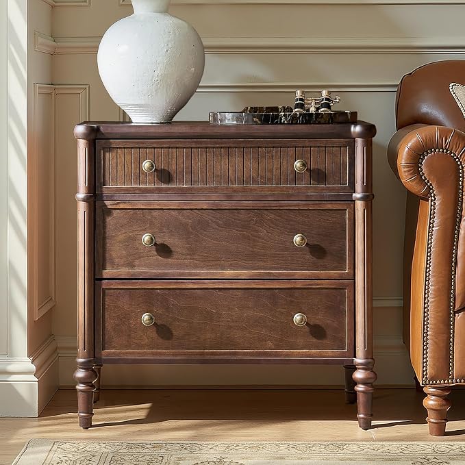 HULALA HOME Traditional End Table with Charging Station, Fluted End Tables with Wood Drawers and Solid Wood Spindle Legs, 28 Inch Wide Storage, Walnut by HULALAHOME
