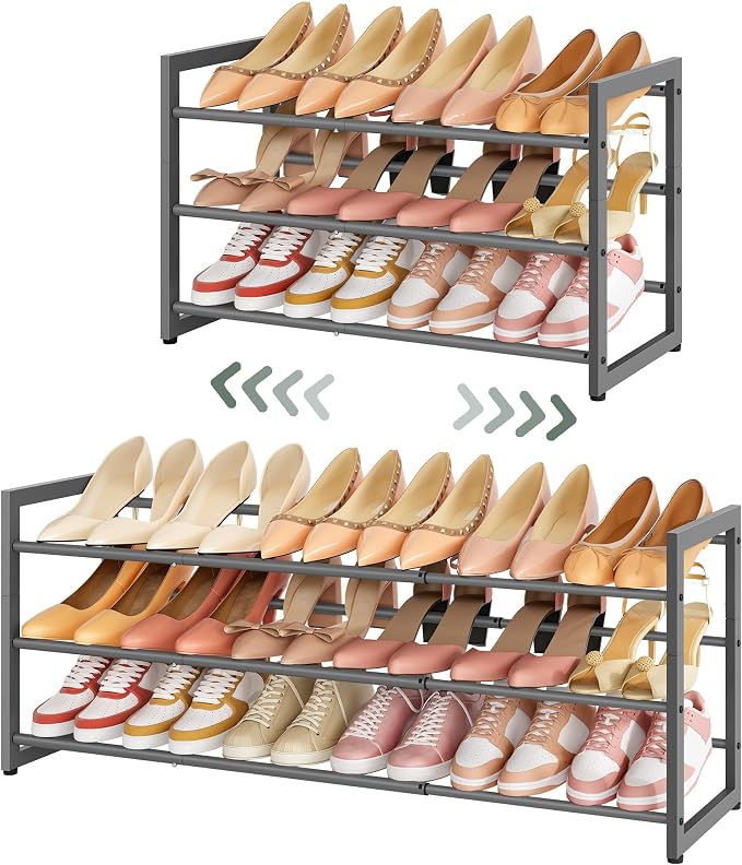 FAVOOSTY 3-Tier Expandable Shoe Rack, Adjustable Shoe Shelf Storage Organizer Space Saving Metal Free Standing Shoe Rack for Entryway Closet Doorway, Silver Grey by FAVOOSTY