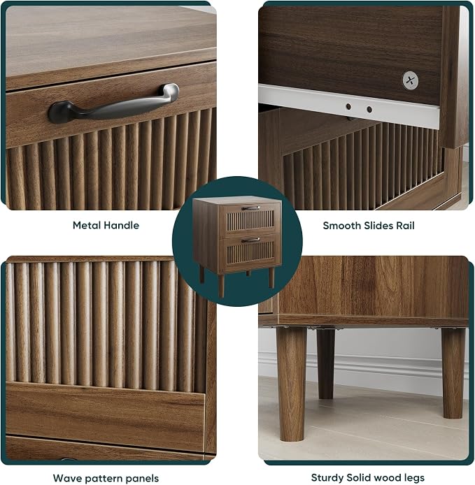 Kiasthome Wood Nightstand with 2 Drawers - Stylish Bedside Table for Bedroom, Functional End Table with Textured Front - Image 5