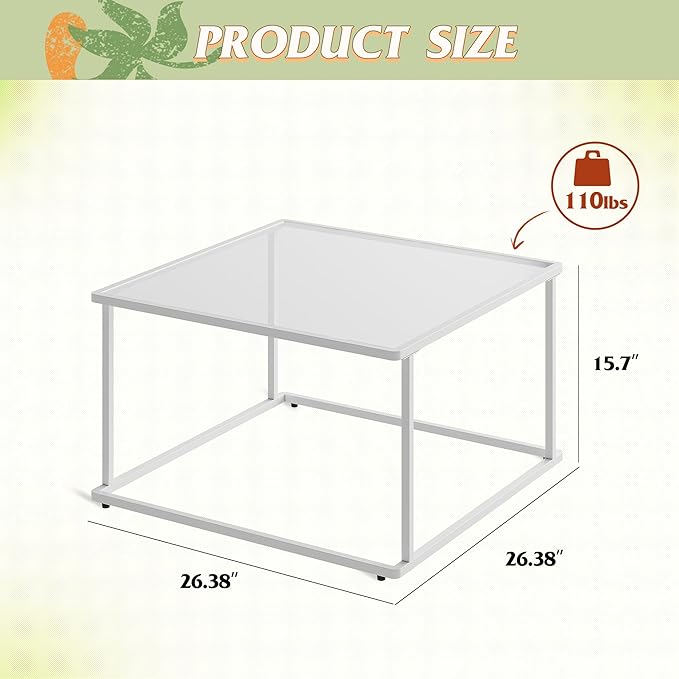 WLIVE Coffee Table, Glass Coffee Table for Living Room, Modern Small Coffee Table with Tempered Glass & Metal Frame, Square Center Table for Small Spaces Apartment, Office, 26.4 x 26.4in, White