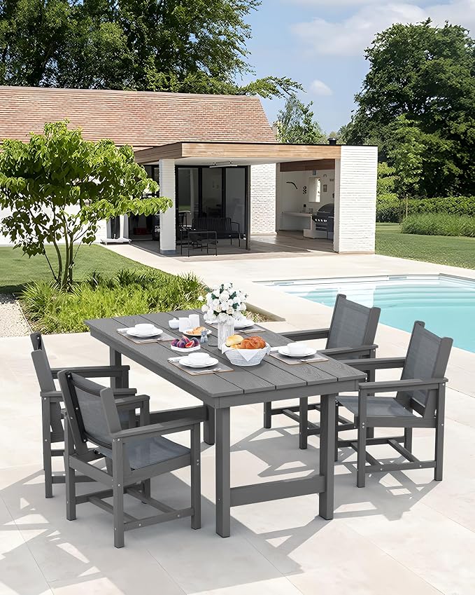 SERWALL 5 Piece Patio Dining Sets, Outdoor HDPE Dining Furniture Set with Umbrella Hole Cut-Out Table and 4 Woven Chairs, Gray - Image 6