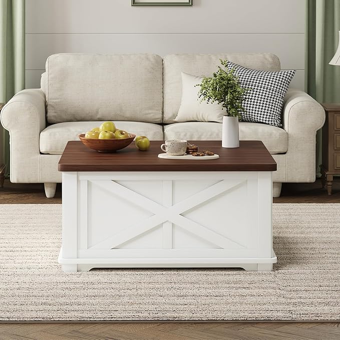Square Coffee Table with Storage, Farmhouse Coffee Table with Lift Top, Wooden Coffee Tables with Brown Flip-Top Lids, Modern Center Table for Living Room Home Office, 31.5", White