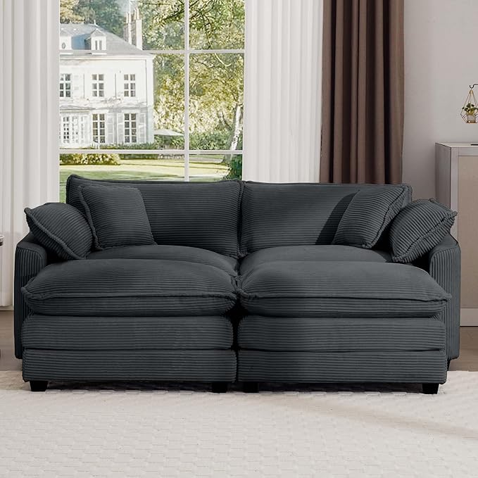 KEIKI 80" Oversized Corduroy Modular Sectional Loveseat Sofa with 2 Ottoman, High-Density Foam Cushions, Removable Armrests, Upholstered 2-Seater Corner Couch with 4 Pillow, for Living Room, Grey