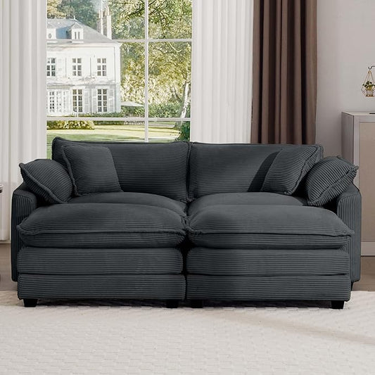 KEIKI 80" Oversized Corduroy Modular Sectional Loveseat Sofa with 2 Ottoman, High-Density Foam Cushions, Removable Armrests, Upholstered 2-Seater Corner Couch with 4 Pillow, for Living Room, Grey