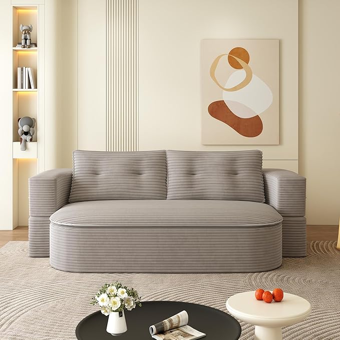 78.7" Convertible Sofa Bed, 2-in-1 Folding Floor Couch with 2 Pillows and Blanket, Plush Corduroy Fabric Sleeper Sofa for Living Room and Bedroom, No Assembly Required (Coffee)