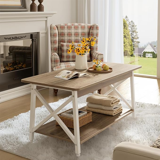 GreenForest Coffee Table with Round Corner, 39.4'' Modern Living Room Table with 2 Tier Storage Shelves, Rustic Industrial Sturdy Center Table Space Saving Easy Assembly, White Gray Wash