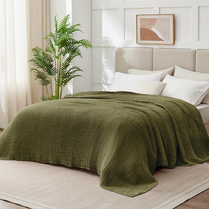 100% Cotton Muslin Blanket California King 120" x 90", 6 Layers Breathable and Lightweight Oversized Blankets for Bed, Soft Cooling Gauze Blanket for Adults All Season, Olive Green