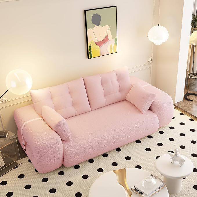 78.7" Convertible Sofa Bed, 3-in-1 Folding Floor Couch with 4 Pillows, Sleeper Sofa for Living Room and Guest Bed, No Assembly Required (Pink, Teddy Fabric)