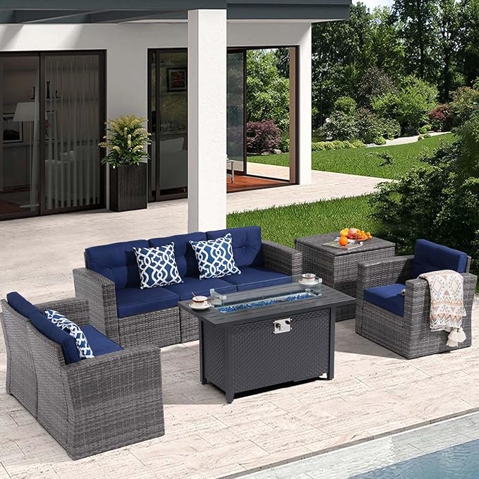 Super Patio 8 Pieces Outdoor Patio Furniture Set with 45” Fire Pit Table, Rattan Patio Conversation Sets with 50000 BTU Gas Fire Pit, Sectional Sofa Set with Storage Box, Navy Blue (Without Table)