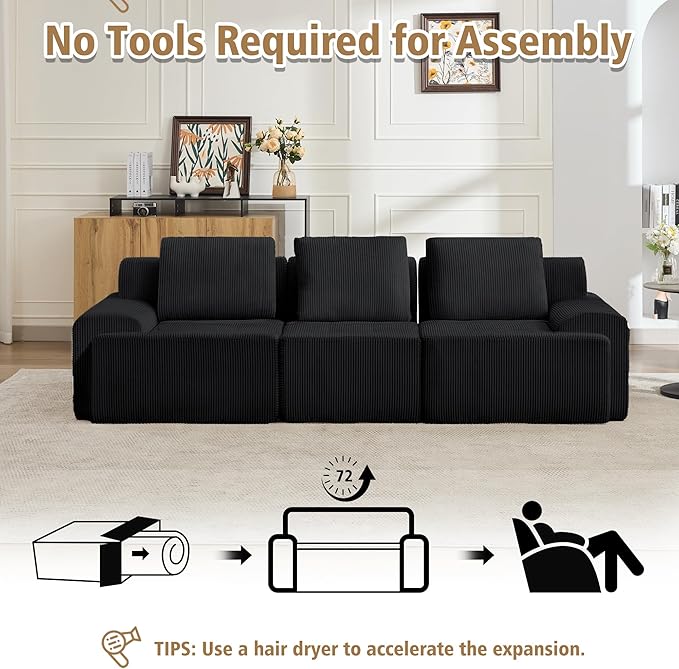 KIGOTY Modular Sectional Sofa, 3 PCS Comfy Cloud Sectional Couch with Deep Seat, Corner Sofas, Modern Boneless Couch for Living Room, No Assembly Required,Black
