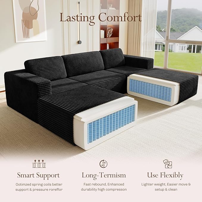 Vesgantti 119" Oversized U-Shaped Modular Sectional Sofa, Corduroy Cloud Couch with Deep Seating & Spring Support, Convertible Sofa with 2 Ottomans, Boneless Couch, No Assembly Required, Black