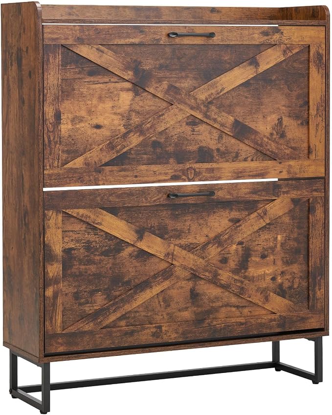 VEVOR Shoe Cabinet with 2 Flip Drawers, Farmhouse Shoes Storage Cabinet with Metal Legs and Anti-Tipping Device, Freestanding Shoe Organizer Ideal for Entryway, Hallway, Bedroom, Living Room, Brown by VEVOR
