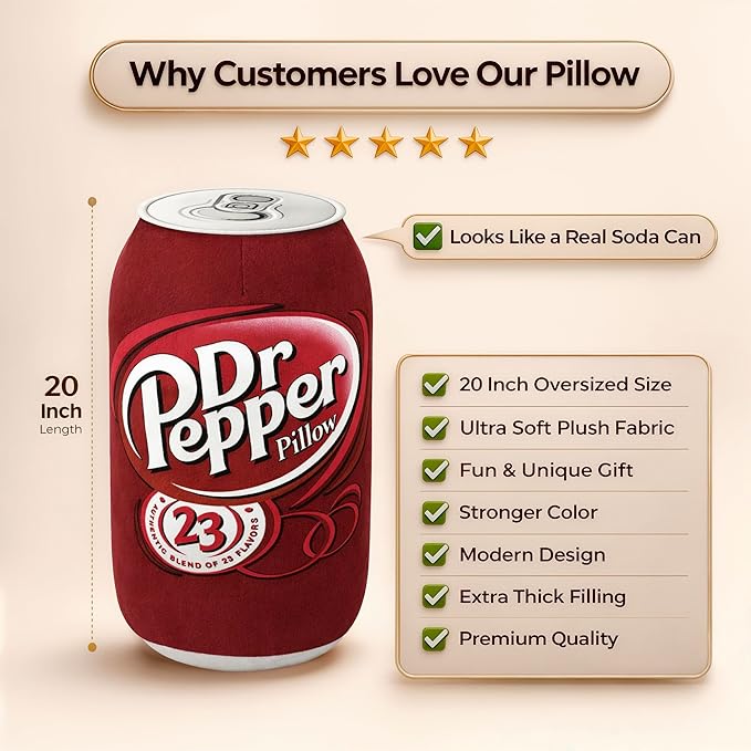 Doctor Pepper Pillow (20” x 10”) Oversized Throw Pillow – Cute Stuff for Home Decor & Room Decor Aesthetic | Soft & Cute Pillow for Room Decor | Funny Gifts for Soda Lovers.
