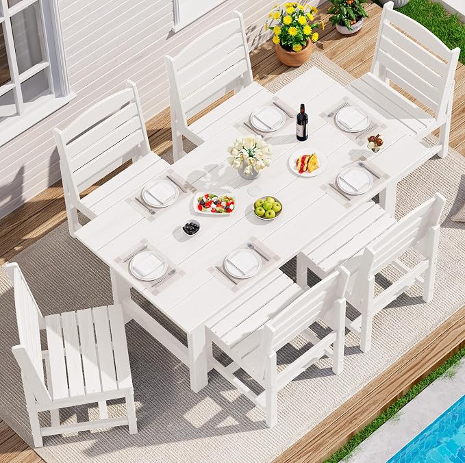 SERWALL Patio Dining Sets for 6 Person, HDPE Dining Set with 6 Armless Chairs, White by SERWALL