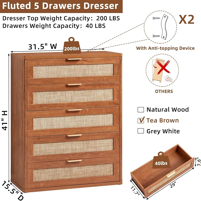 LEYAOYAO Dresser for Bedroom, 41" Tall Chest of Drawers, Modern 5 Drawers Boho Rattan Dressers with Storage, Dresser Wooden Closet Organizer for Living Room, Hallway, Tea Brown - Image 3