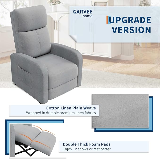 Garvee Recliner Chair for Adults, Lazy Reclining Chair Ergonomic Adjustable Single Sofa Enhanced with Side Pocket, Tall Back, Wide Arms & Padded Seat, Home Theater Seating for Living Room