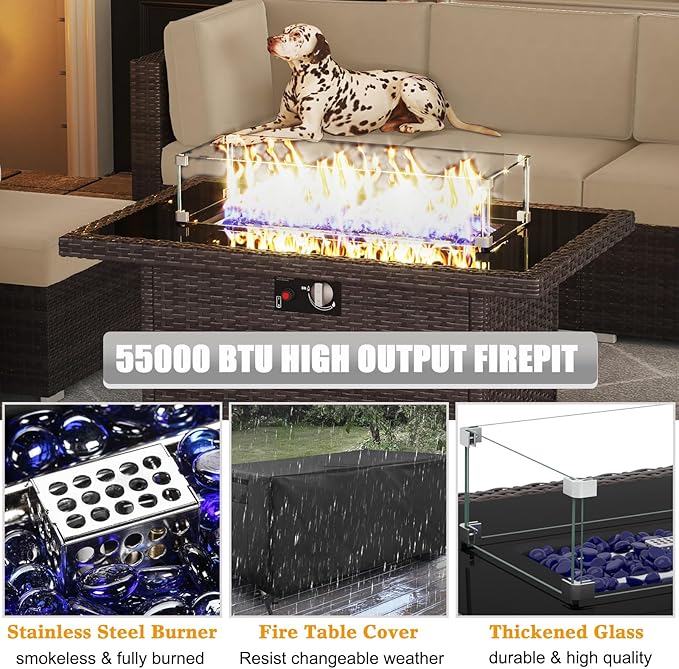 LayinSun 7 Pieces Outdoor Patio Furniture Set with 44" Fire Pit Table Brown Rattan Sectional Sofa Conversation Sets