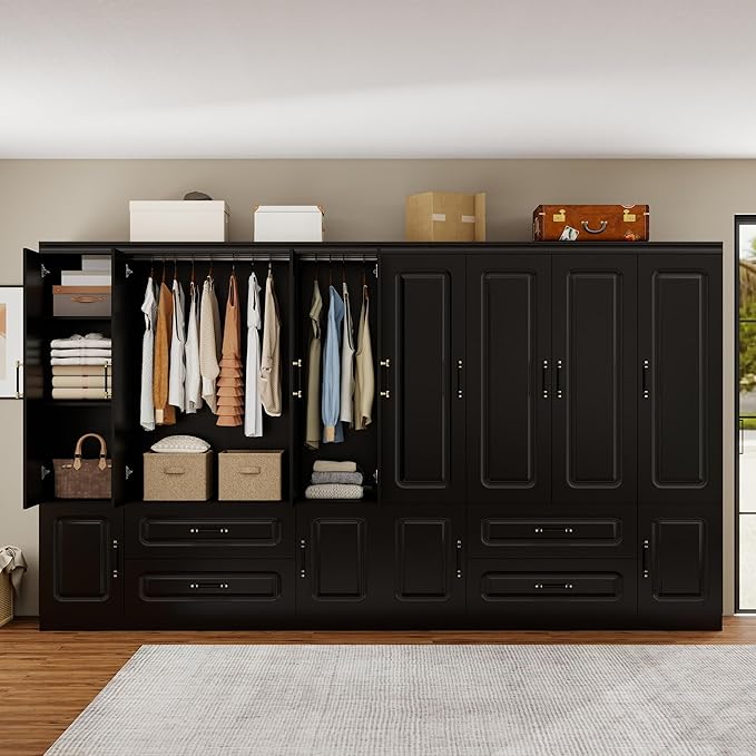 4-Door Modern Bedroom Armoire Wardrobe Closet with 2 Drawers & Hanging Rod, Smooth Black Storage Cabinet for Clothes/Shoes/Blankets 61.42" W x 20.67" D x 70.87" H (69)