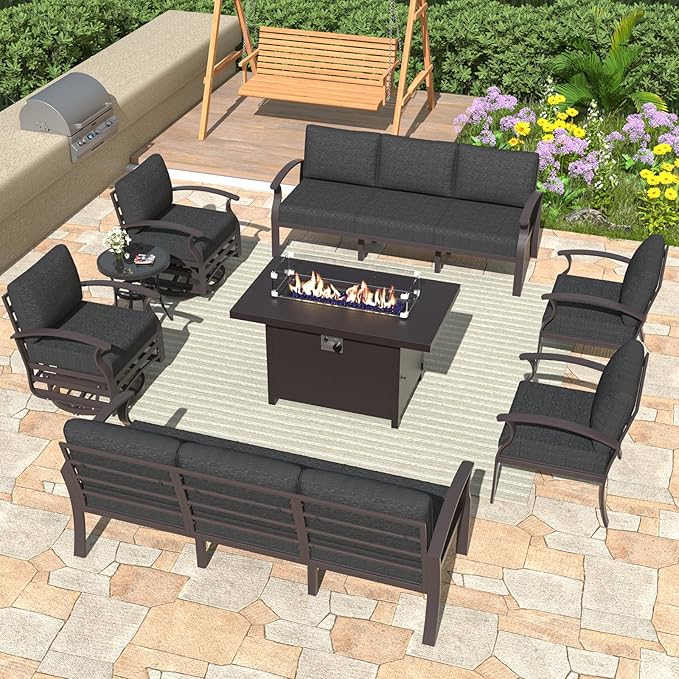 ALAULM Aluminum Patio Furniture Set with Propane Fire Pit Table - 10-seat Metal Outdoor Furniture w/Fire Pit Patio Sectional w/5.1" Cushions for Backyard, Poolside - Black