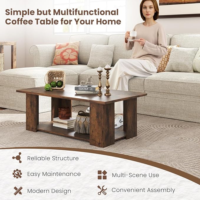 GOFLAME Coffee Table with Storage, Modern Center Table for Small Space, Accent Tea Tables for Living Room, Reception Room, Dining Room, Easy Assembly, Rustic Brown