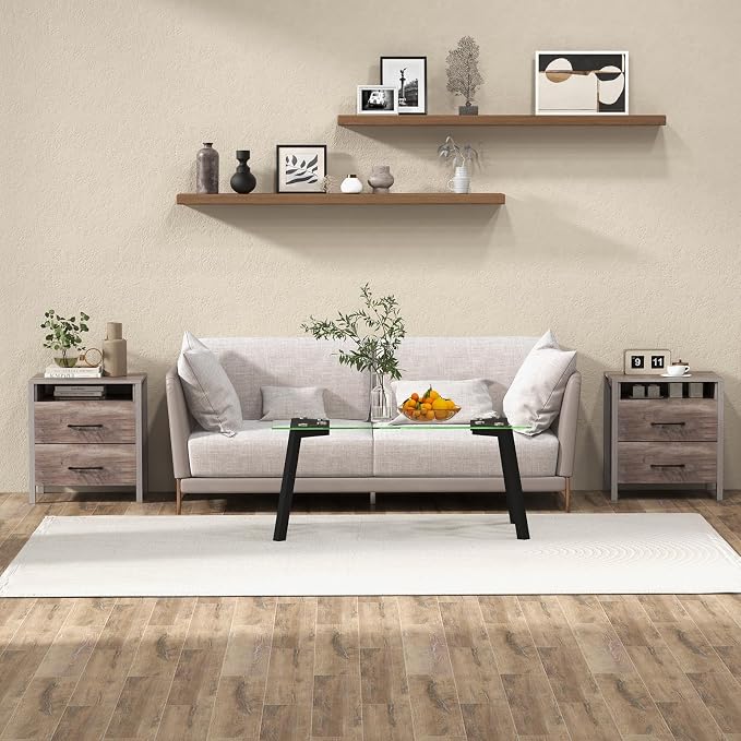 Giantex Farmhouse Nightstand Set of 2, Rustic Wood Bedside Table with 2 Storage Drawers & Open Shelf, Sofa Side Table, Versatile Night Stand for Bedroom, Grey - Image 4