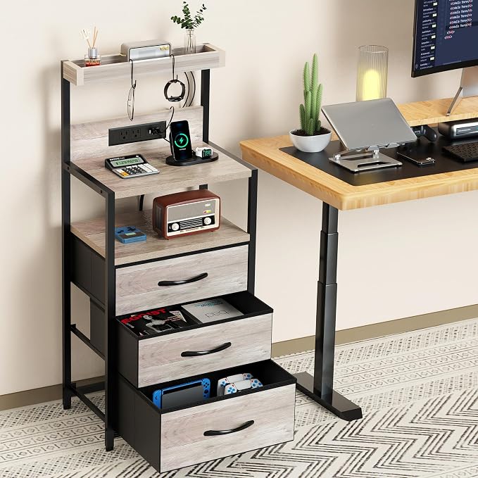 SZLHANJZ Nightstand Set of 2, Large Night Stand with LED Lights and Charging Station, 39-Inch Tall Bed Side Tables with Shelves, 3 Fabric Drawers Bedside Table for Bedroom, Greige - Image 7