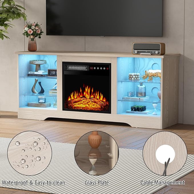 PRETZI Fireplace TV Stand with 18" Fireplace Up to 65" TVs, 58" Entertainment Center with LED Lights, TV Media Console with Adjustable Glass Shelves and Storage Cabinets for Living Room, Beige - Image 5