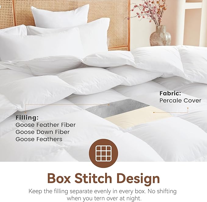 Goose Feather Down Fiber Comforter Palatial King Size, All Season Duvet Insert, 750+FP Hotel Bed Comforter, Ultra Soft 100% Organic Cotton Fabric, 120x98 Inches