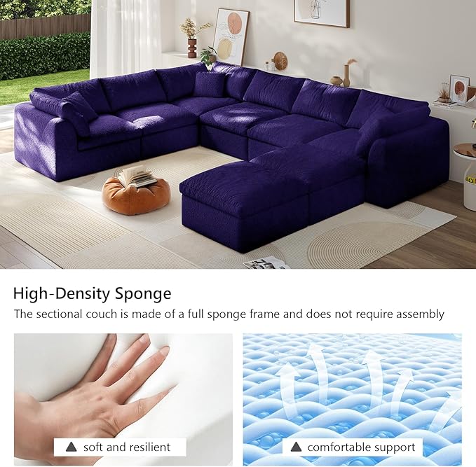Modular Sectional Sofa Boneless Cloud Couch for Living Room, U Shape Deep Seat Recliner Sofa with Ottoman, Adjustable Backrest & 2 Throw Pillows - Covers Washable, (Purple, 6 Seater+2 Ottoman)