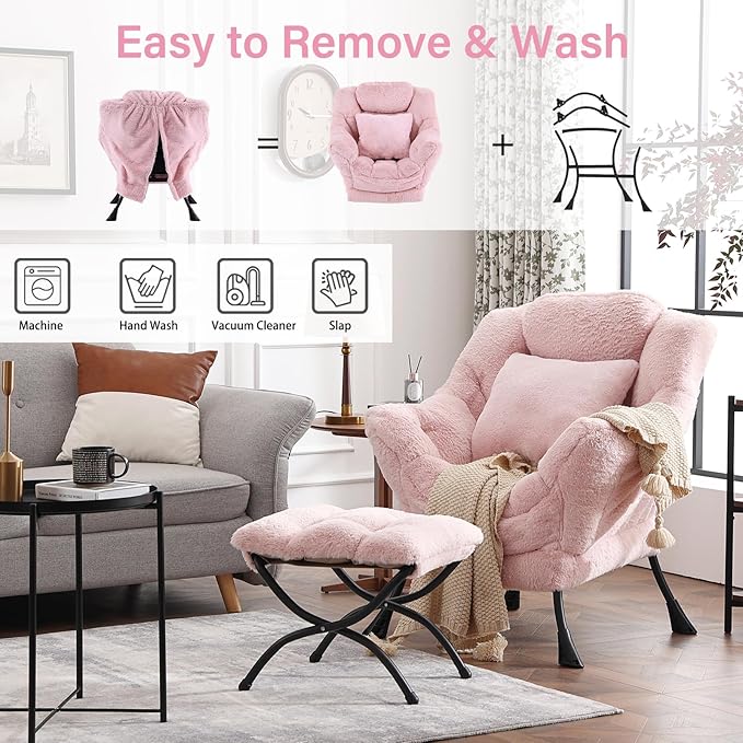 Lazy Chair with Ottoman, Large Pink Accent Chair with Ottoman and FA Throw Pillow, Comfy Plush Reading Chair for Living Room Bedroom Dorm Room Office Apartment Relaxing Use