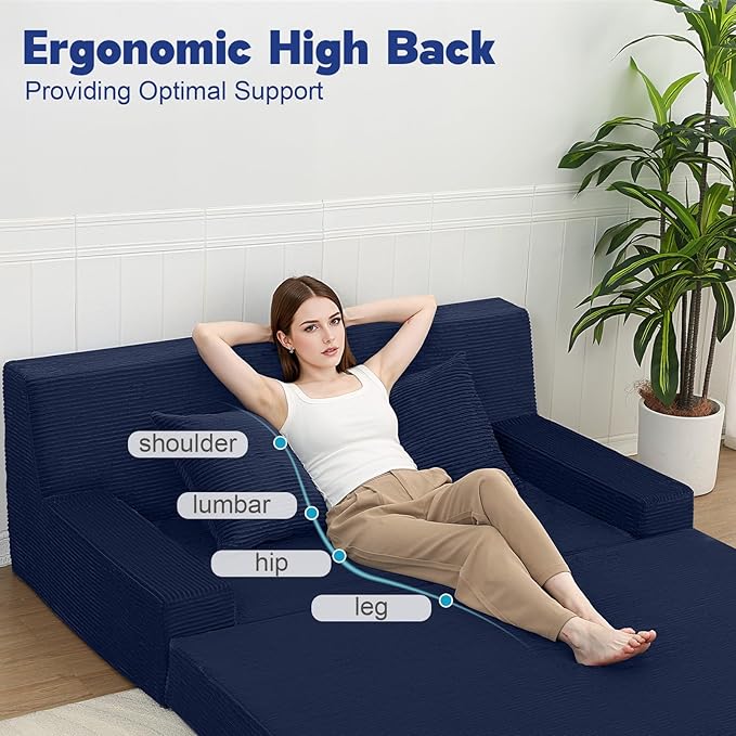 MeMoreCool Corduroy Boneless Sofa Bed Queen – Folding Futon Couch with High-Density Foam, Convertible Floor Sleeper & Pillow, Machine-Washable Cover for Guest Room, Bedroom, Small Apartment