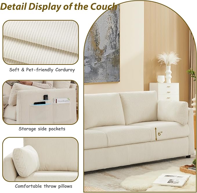 3 Pieces Corduroy Living Room Sofa Sets, 3-Seater Couch with Set of 2 Reading Armchairs, Comfy Pillows and Storage Pockets, Modern Living Room Furniture Sets for Apartment, Small Spaces, Beige
