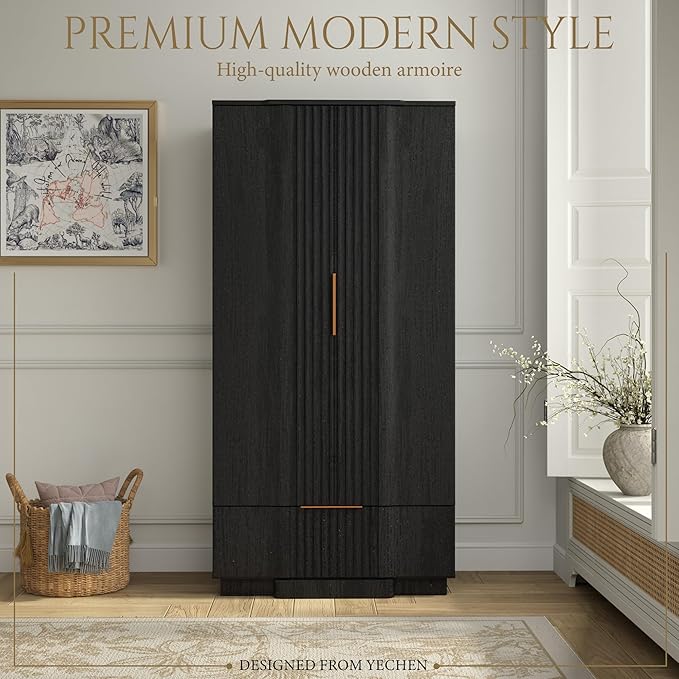 Yechen 67" Fluted Armoire Wardrobe Closet with Doors and Drawer Set of 2, Wooden Wardrobe Closet Cabinet with Adjustable Shelve, Modern Small Armoires Storage Clothes, Coats for Bedroom, 2pcs,Black