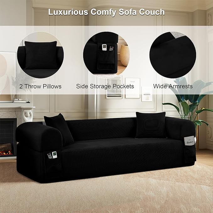83'' Boneless Couch 3-Seater Floor Sofa No Assembly Needed Corduroy Small Couch for Living Room, Cloud Sofa with 2 Pillows & Storage Bag Couches in A Box for Office, Black