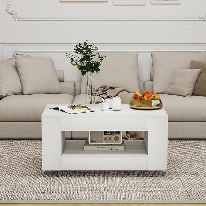 35" Wood Coffee Table for Living Room, Sides Storage with Transparent Legs, Minimalist Modern 2-Tier Storage Shelf Center Table for Home Office, Apartment, White