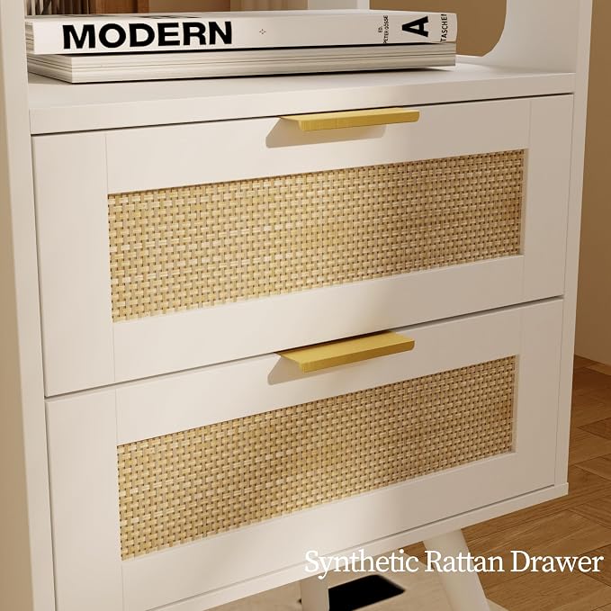 JOONEE Rattan Nightstand,Farmhouse Bedside Table with 2 Storage Drawer and Open Wood Shelf, for Bedroom and Small Spaces,Night Stand with Solid Wood Legs (White) - Image 6