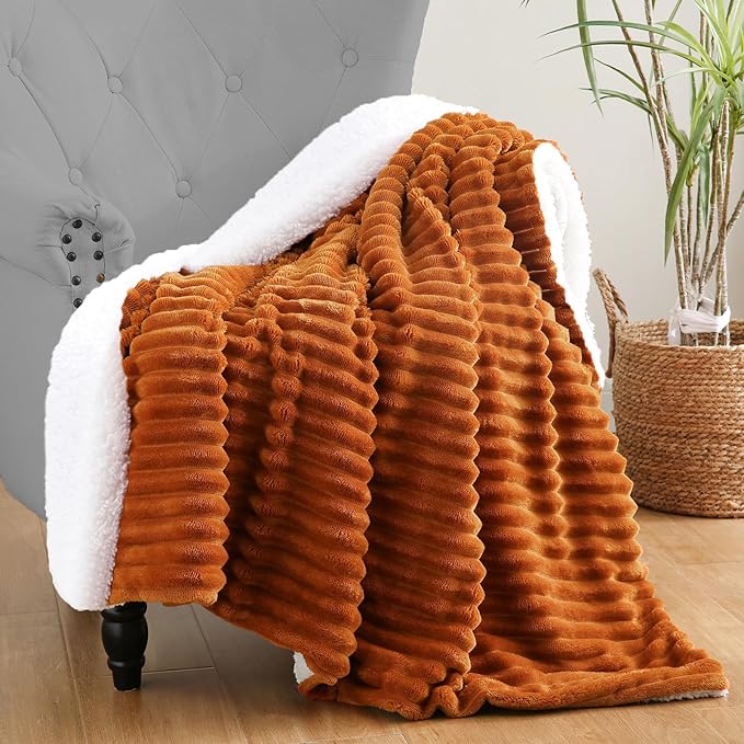 Burnt Orange Sherpa Fleece Throw Blanket 90”×90” for Couch Sofa Bed,Super Soft Cozy Plush Double Side Thick Flannel Blanket with Striped Design Lightweight for Adults,Woman,Girls