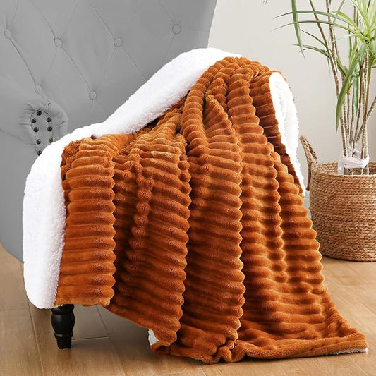 Burnt Orange Sherpa Fleece Throw Blanket 90”×90” for Couch Sofa Bed,Super Soft Cozy Plush Double Side Thick Flannel Blanket with Striped Design Lightweight for Adults,Woman,Girls
