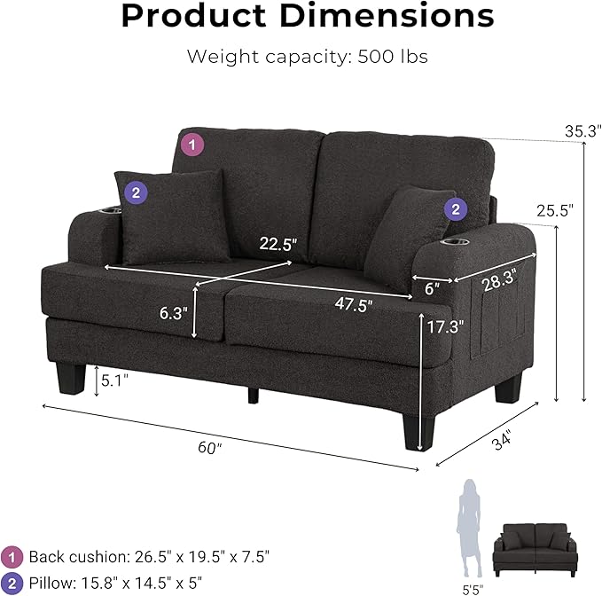 Homes: Inside + Out Reese Modern Plush Boucle Comfortable Loveseat with Side Pockets, Cup Holders and Pillows, Wooden Soft Couch for Living Room, Bedroom and Office, Dark Grey