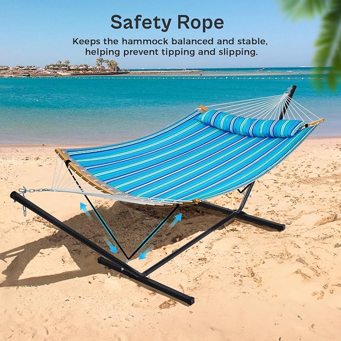 SUPERJARE Hammock with Stand, 2 Person Heavy Duty Hammock with Padded Cotton, Detachable Pillow & Strong Curved-Bar & Portable Carrying Bag, Perfect for Outdoor & Indoor, Aqua Blue - Image 5