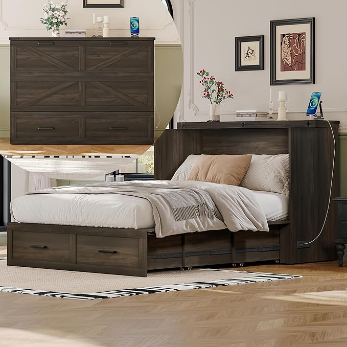 Bellemave Full Size Murphy Bed, Cabinet Bed with Charging Station and Storage, Farmhouse Murphy bedframe with Foldable Panel, Noisy Free, for Guest Bedroom, Living Room, Office, Rustic Gray